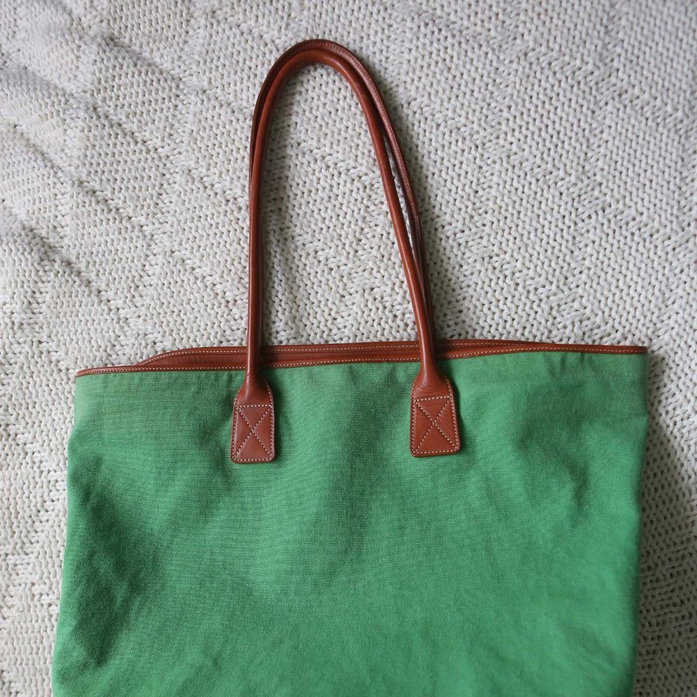 J. Crew Canvas LeatherTote Bag Green Brown EUC - Picture 11 of 11